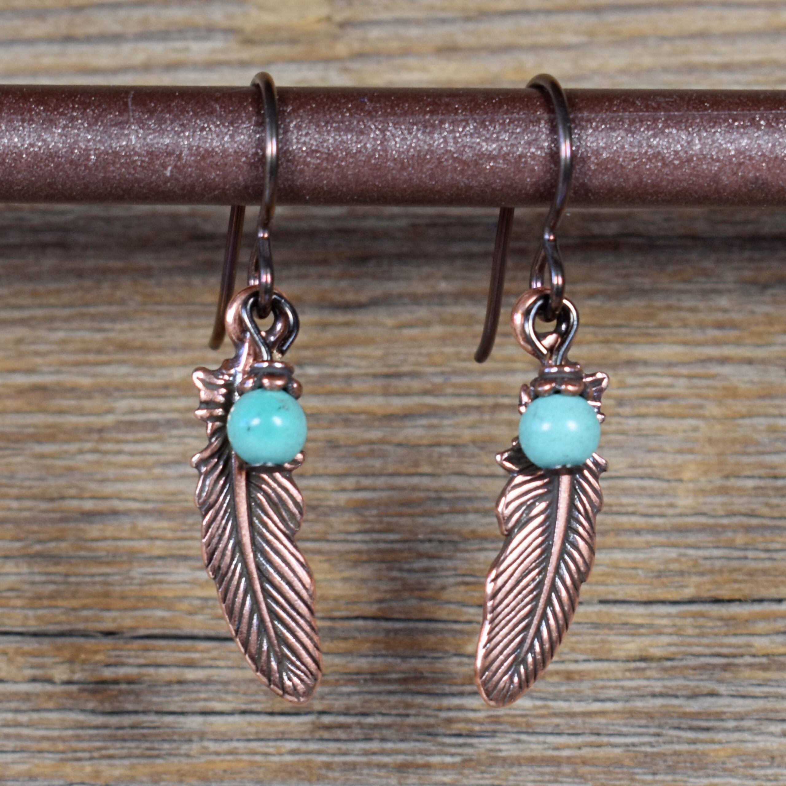 Handmade small feather earrings with turquoise and pearl - chloe michell  jewellery