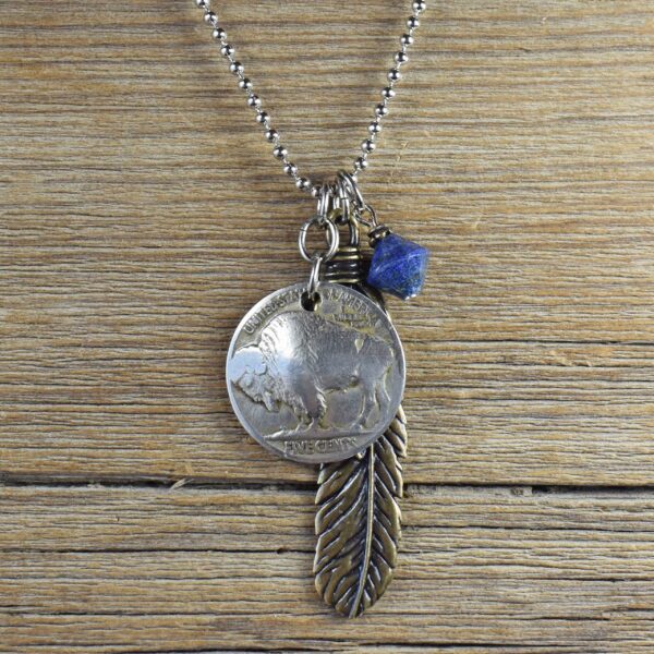 The Plains Buffalo Nickel/Feather/Lapis Cluster Necklace #NC601-6