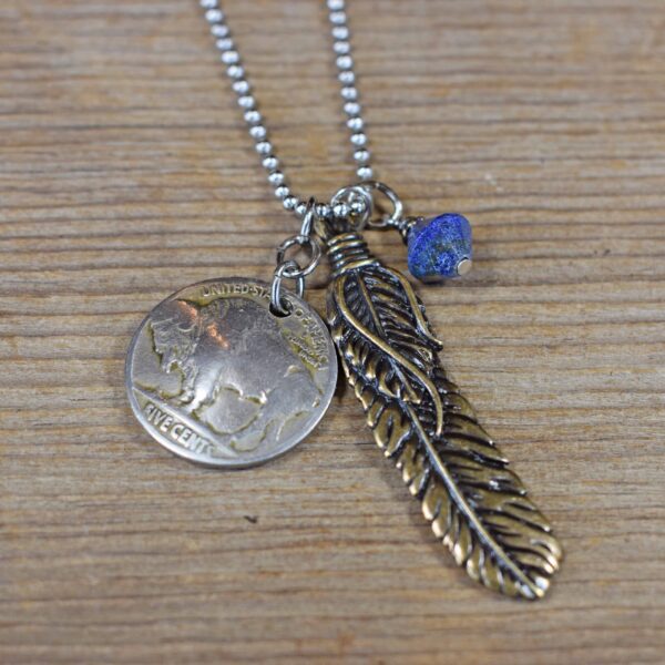 The Plains Buffalo Nickel/Feather/Lapis Cluster Necklace #NC601-6 - Image 2