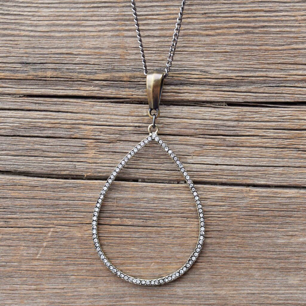 Simple Sparkle Rhinestone Antique Brass Large Teardrop Necklace NC610