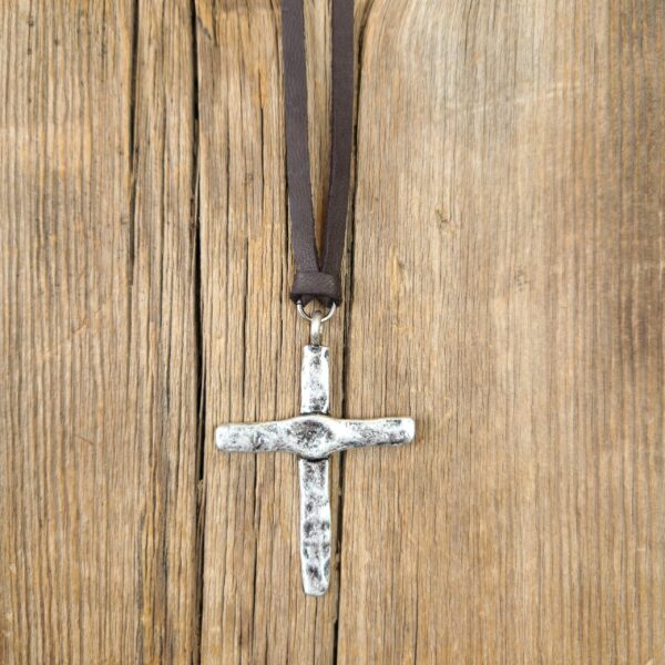 "In Him" Worn Pewter Cross Leather Pendant #NC635