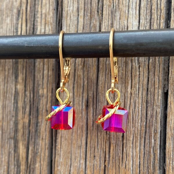 Raspberry Fizz Crystal Cube Leverback Earrings #EW894-226 - Image 2
