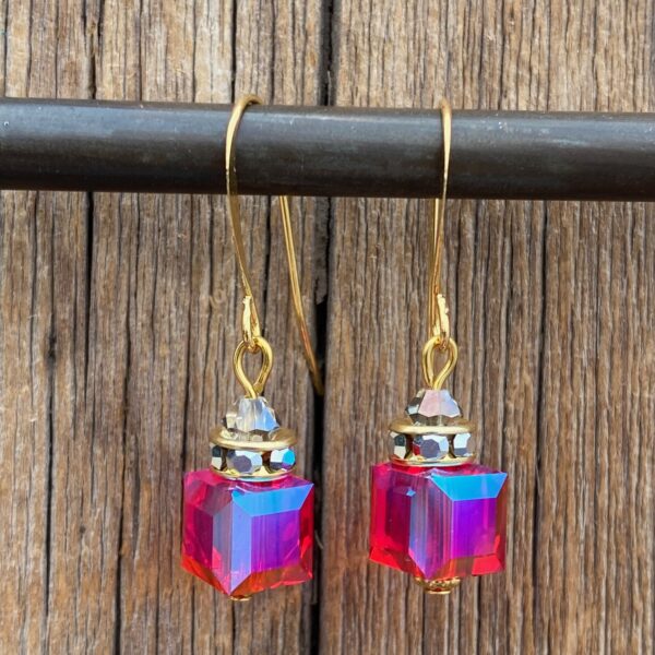 Raspberry Fizz Crystal Cube Hook Earrings #EW907-226