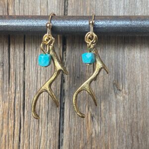 Wildlife Gold Elk Antler Turquoise Cube Earrings #EW919