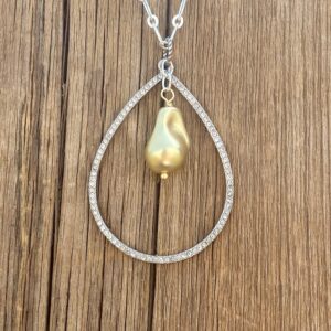 Sun & Snow Rhinestone Teardrop & Gold Pearl Pendant #NC713-180